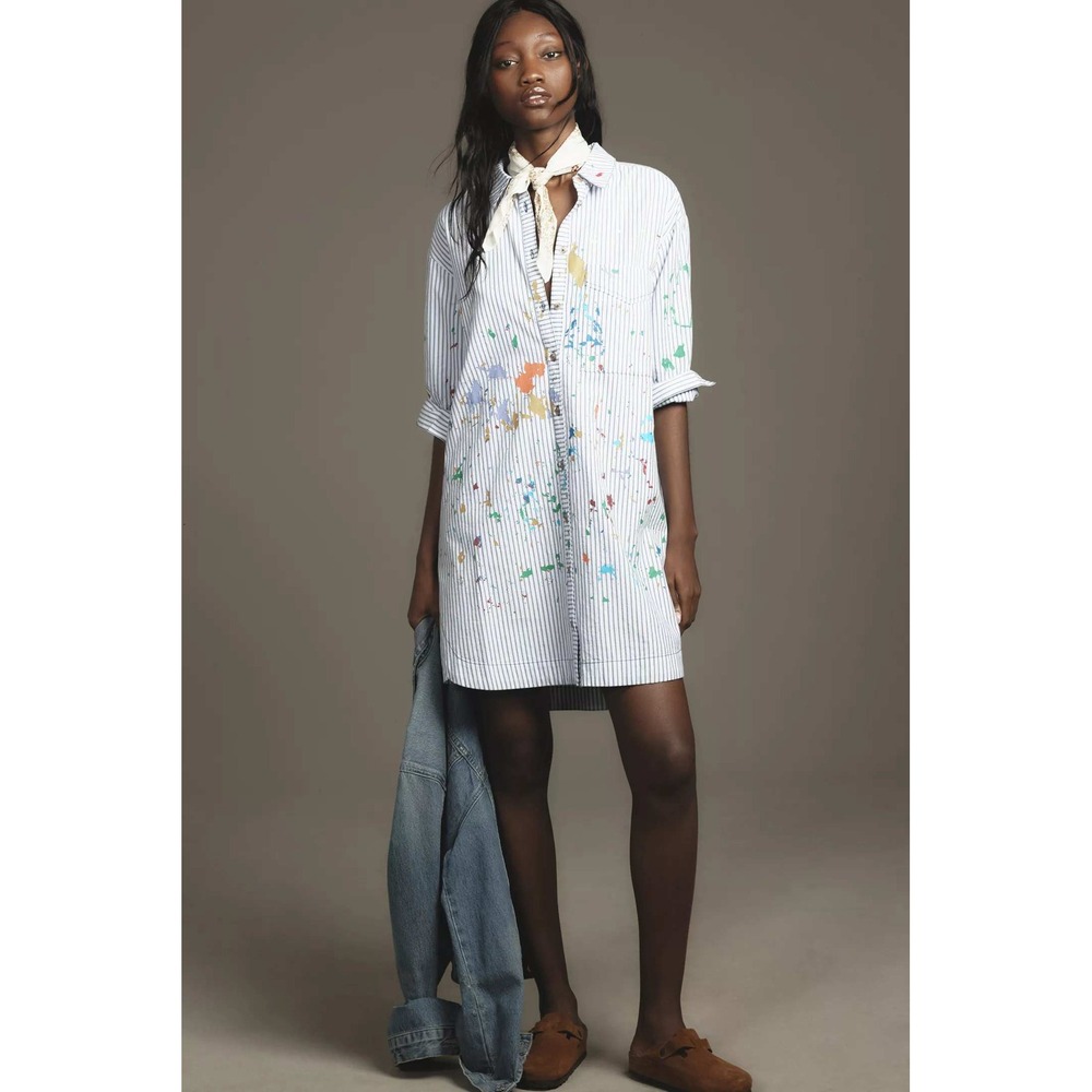 Anthropologie Pilcro Paint Splatter Shirt Dress Striped Artistic Preppy Boho NWT - Picture 2 of 16